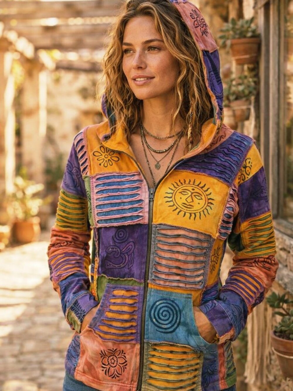Rising International Multicolor Boho Patchwork Zip-Up Hoodie – Size L